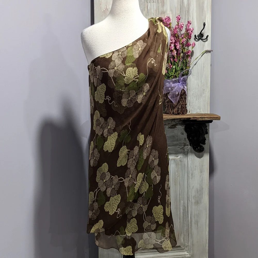 🤎 SOLD 🤎NWT M.S.S.P. brown silk floral one shoulder dress - Picture 1 of 6